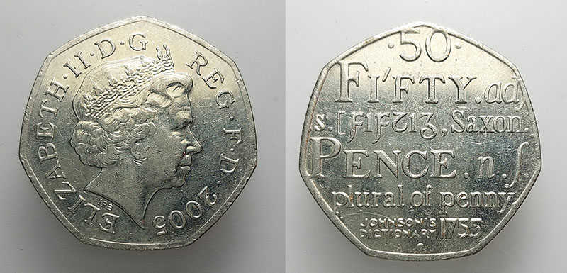 50 Pence - Elizabeth II 4th portrait; Johnson's Dictionary